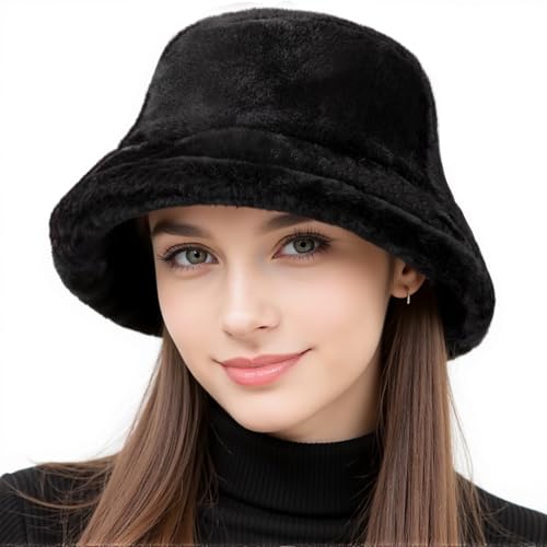 HONGTEYA Winter Bucket Hat Fluffy Faux Fur Fisherman Cap for Women Men Solid Color Style (Faux Fur, Black)