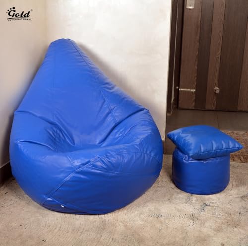 Image of Gold 4XL Bean Bag Combo with Footstool & Cushion | Faux Leather Teardrop Bean Bag for Adults & Teens | Pre-Filled with Beans | Home, Bedroom, Living Room, Office (4XL - Blue)