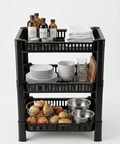 Image of U-Max Multi Tire Kitchen Storage Rack, Plastic Utility Shelf Organiser, Space Saving Storage Solution, Revolving Vegetable Rack (Black, 3)