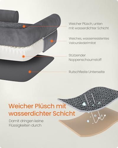 Feandrea Orthopädisches Hundebett, Hundekissen, Hundekorb, weiche Polsterung, Hundesofa, erhöhte Ränder, Bezug abnehmbar und waschbar, 91 x 63 x 18 cm, rutschfeste Unterseite, dunkelgrau PGW076G01V1