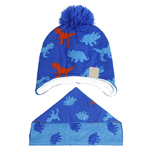 Image of ACTLATI Winter Dinosaur Boy Winter Hat Scarf Mittens Set Warm Beanies Earflap Fleece Pompom Lining Cap for Toddler Kids