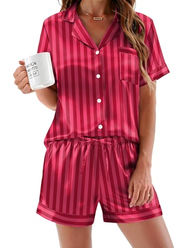 Image of Ekouaer Silk Pajamas for Women Button Down Sleepwear 2 Piece Pjs Shorts Set | Classic Short Sleeve Notch Neck Lounge Set with Pockets,Soft Cute Pj Set,Bridal Gifts,Pajama Party,Maternity Outfits