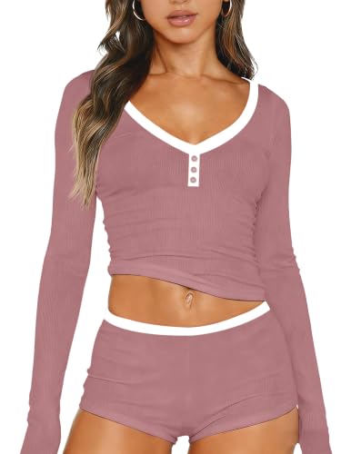 Image of Dressmine Cute Pjs Pajama Sets for Women Sexy 2 Piece Spring Pajamas Lounge Sleep Set Long Sleeve Shorts Sleepwear