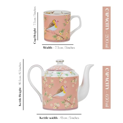 Image of GOLDEN QUEEN'S Handcrafted Tea Cups & Kettle - Set of 6 Cups & 1 Kettle | Ideal for Everyday Tea and Coffee, Hosting Tea Service with Friends & Family - Birdie in Pink