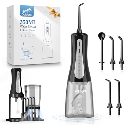 GOLDANT 2026 New 350ML Water Flosser with Drainage & Storage Stand, Keeps Dry & Clean, 5 Modes, 360°Nozzle, Cordless Rechargeable, IPX7 Waterproof, Portable for Home & Travel (Black)