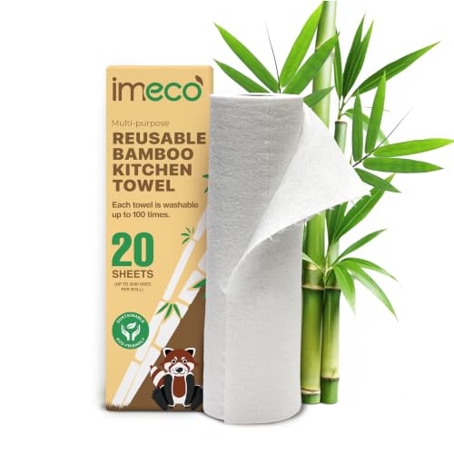 Image of IMECO Reusable Bamboo Kitchen Towel Roll | 2000 Times Washable | Soft & Highly Absorbent | Better Alternative to Dishcloth | 100GSM Paper Towel | Eco Bamboo Wipes for Kitchen Cleaning | 20 Sheets