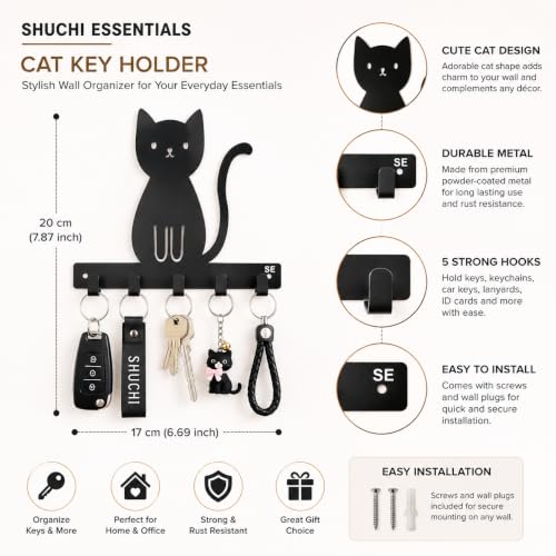 Image of Key Holder for Home, Metal Wall Mounted, 6 Hooks (Big Cat) | Cat Design, Includes Mounting Screws, For Home Use, 6 Hook Hanger, Metal Construction