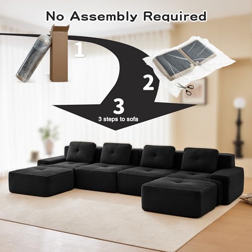 Image of 153 inch U-Shaped 4-Seater Modular Boneless Couch with 2 Ottomans, Premium Corduroy Upholstery, Deep Seat Cloud sectional Sofa, No Assembly Anti-Slip Design, Black