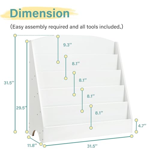 TOETOL 5-Tier Kids Bookshelf - Toddler Book Display Shelves for Classrooms, Playrooms, and Nursery - Wooden Children Book Rack (White)