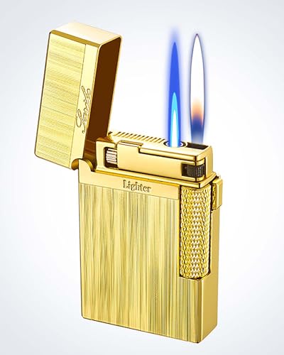 SNYYIAI Dual Flame Mode Classic Lighter, Jet Torch Lighter Soft Flame Lighter 2 in 1 Windproof Refillable Butane Lighter for Men Dad Husband Collect,Gold a
