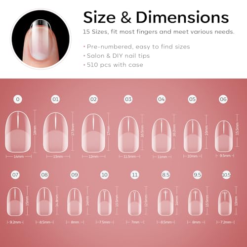 Image of Modelones Extra Short Oval Round Nail Tips - 510Pcs Soft Fake Nails Tips Gel Pre-shaped Half Matte Full Cover No Filed False Extension Manicure Salon DIY at Home 15 Sizes