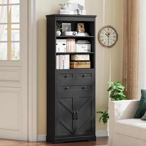 Image of Vabches 70 inch Tall Bathroom Storage Cabinet, Farmhouse Bathroom Cabinet with 3 Drawers, Adjustable Shelves & Doors, 3 Tier Wood Cabinets for Bathroom, Living Room, Rustic Black