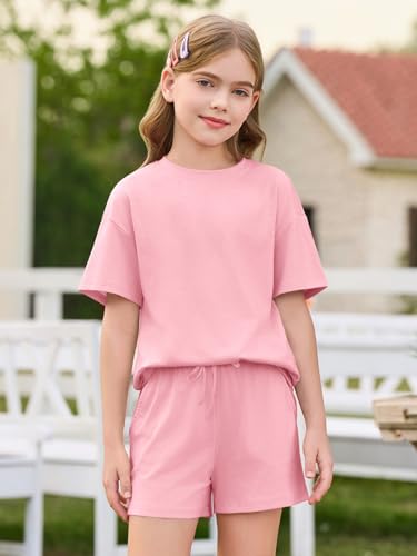 Image of Haloumoning Girls Summer 2 Piece Outfits Kids Oversized T Shirts and Shorts Clothing Sets 5-14 Years