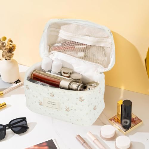 Image of MAYCREATE Makeup Bag Floral Print Makeup Organizer Soft Cotton Travel Cosmetic Bag Large Handbag Office Stationeries Toiletries Bag, 25x15x16cm