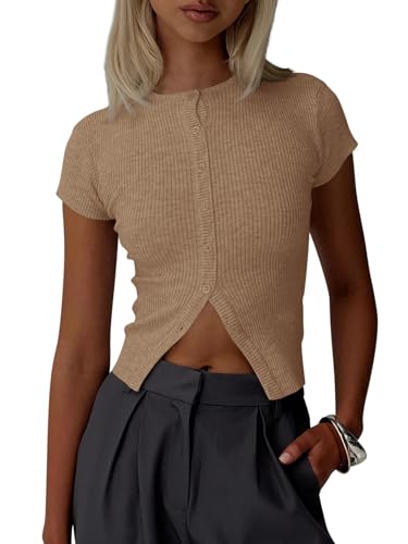 Image of Imily Bela Womens Short Sleeve Sweater Tops Summer Button Down Casual Ribbed Knit Slim Fit Cropped Cardigan Shirts
