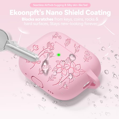 Image of Ekoonpft for AirPods Pro 3 Case Pink, Flower Engraved Soft Silicone Case | with Cleaner & Foral Charm Keychain, Cute Girly Stylish Women iPods Pro 3 Accessories - Shockproof, Scratch & Dust Resistant
