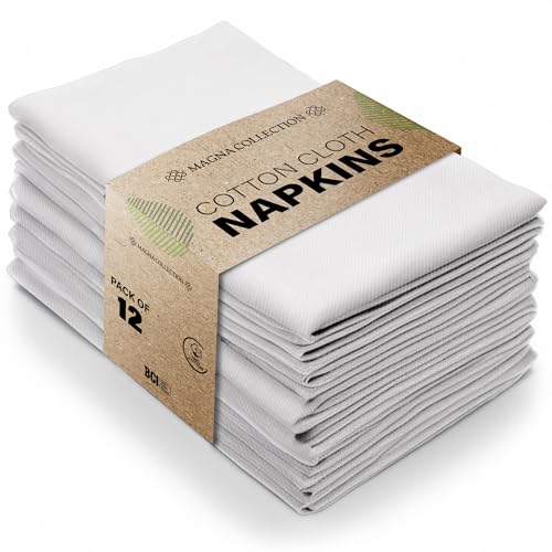 Magna Collection Cotton Cloth Napkins Set of 12 (46cm x 46cm) 100% Cotton Hotel Quality Soft Durable and Reusable Ideal for Dining Weddings Events & Everyday Use (White)