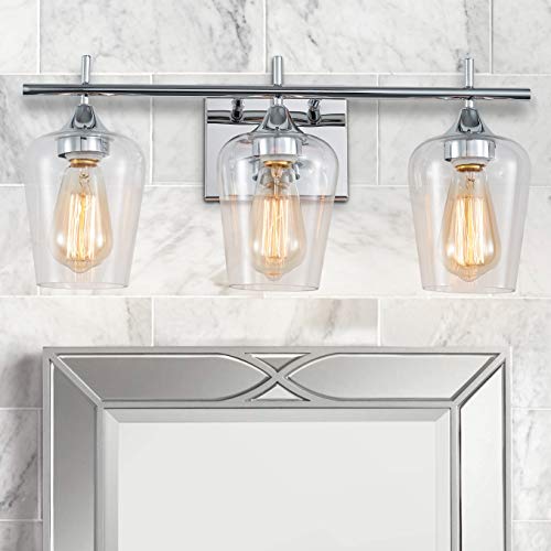 XINGQI Modern Glass Vanity Light, Wall Mounted Bath Lighting Fixtures Over Mirror, 3-Light Interior Sconce for Bathroom Powder Room, Chrome Finish, E26 Base (Bulbs not Included)