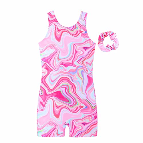 JESKIDS Leotards for Girls Gymnastics with Shorts Dance Biketards Tumbling Matching Hair Scrunchie 3~15 Years Red Marbling 8-9 Years
