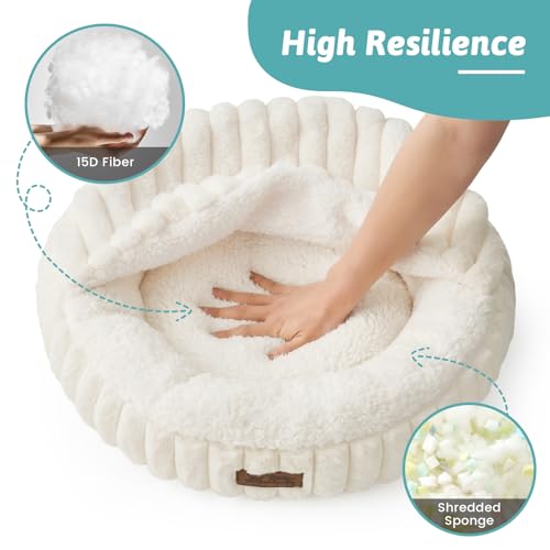 Cat Bed with Hooded Blanket, Round Fluffy Anti-Anxiety Pet Bed for Cats/Toy Breed Dogs, Cozy Donut Cuddler with Machine Washable Faux Fur & Anti-Slip Bottom(20"×20"×6",Cream) - Image 6