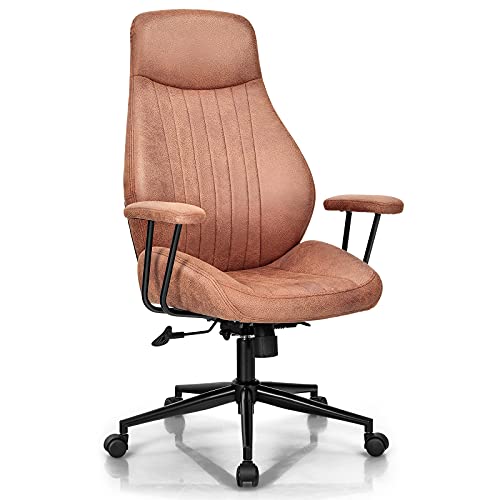 COSTWAY Executive Office Chair, Suede Fabric Ergonomic Height Adjustable Swivel Computer Desk Chair, 150° Reclining High Back Rolling Manager Task Chair for Home Office (Reddish Brown)