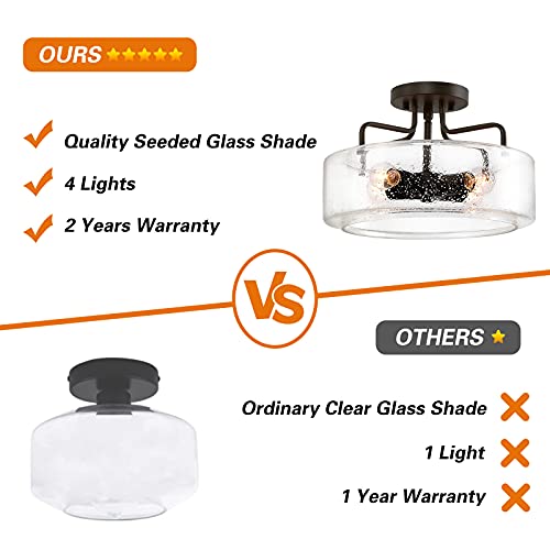 Semi Flush Mount Ceiling Light, 4 Lights Farmhouse Flush Mount Ceiling Light Fixture With Drum Seeded Glass Shade For Hallway, Bedroom, Kitchen, Foyer And Bathroom, Oil Rubbed Bronze #TOP1