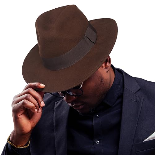Ruphedy Fedora-Hut für Herren und Damen, Wolle, breite Krempe, Filz, Panama-Fedora-Hut, braun, XL