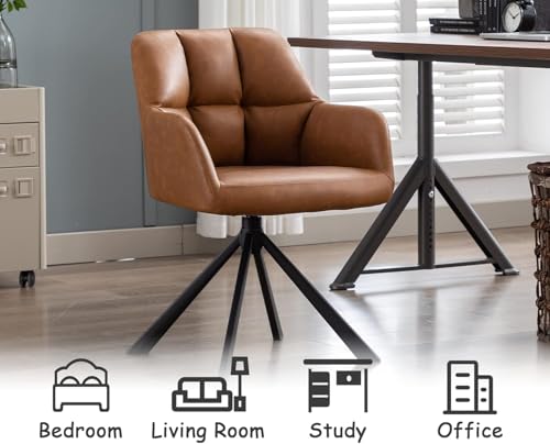 Image of Finch Fox Battle Modern 360 Swivel Mid-Back Arm Faux-Leather Study Upholstered Comfortable Metal Base Computer Office Desk Chair in Tan Color (Set of 2)