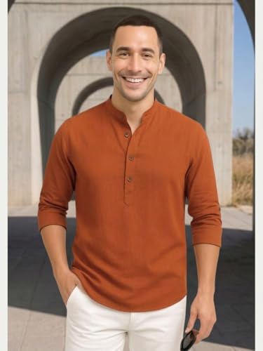 Image of DEELMO Men's Cotton Blend Solid Regular Fit Full Sleeve Short Kurta | Men's Trendy Short Kurta
