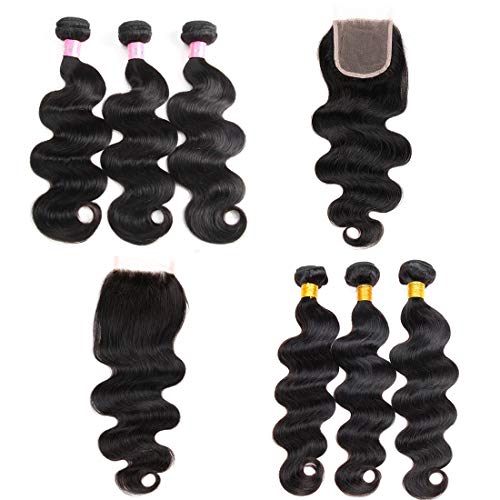 ZILING Hair Brazilian Virgin Body Wave Hair Bundles with Closure 8A 100% Unprocessed Brazilian Body Wave Human Hair Weft with Lace Closure Brazilian Body Wave, Bundles+free part, (14/16/18+14 Inch)