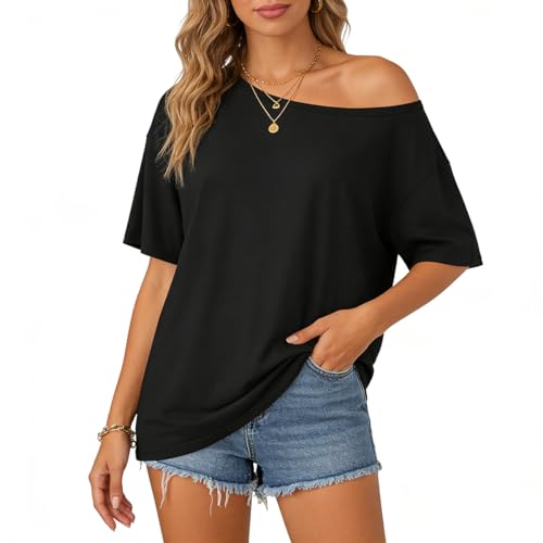 Image of SANNIDHI Women's Off Shoulder Oversized T Shirt, Breathable Lightweight Polyester Silk Loose Batwing Sleeve Summer Top for Casual Daily Wear-L
