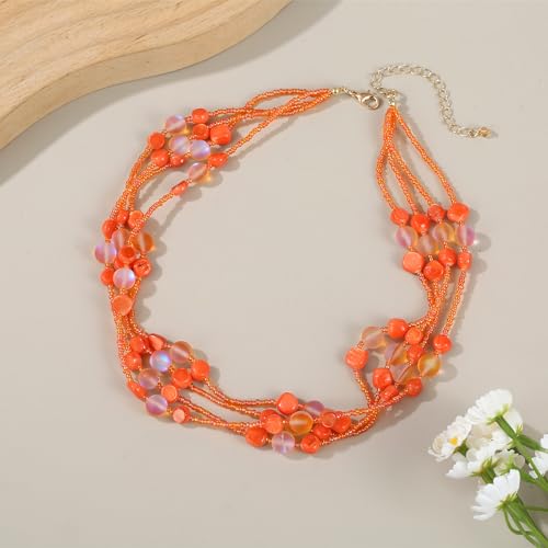 Colorful Natural or Synthetic Gemstone Choker Necklace for Women, Statement Sea Shell Crystal Beaded Multi-Strand Collar Necklace, Moonstone Jewelry Gift for Her2