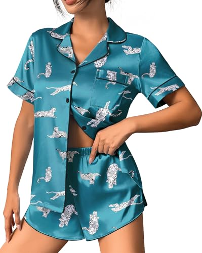 Image of Ekouaer Womens Silk Satin Pajama Set Print Short Sleeve Sleepwear Button Down Pjs Shorts Set Loungewear