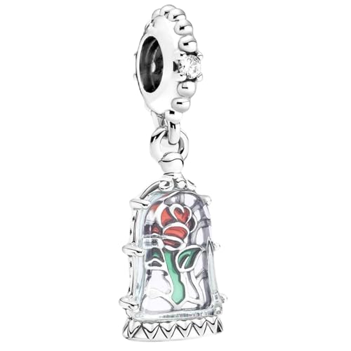 ZURWTCH Fit Women Bracelet Necklaces Fashion Gifts 925 Sterling Silver DIY Jewelry (Beauty and the Beast Enchanted Rose Dangle Charm 0486)