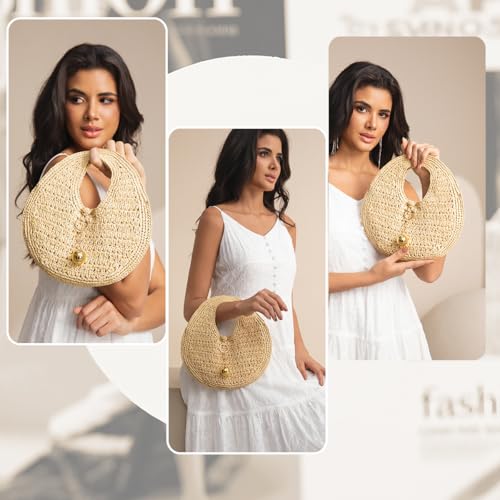 Image of PHILOMENA Woven Straw Beach Bag for Women Handmade Raffia Circle Bag, Summer Boho Chic Tote Purse Handbag Large Round Bag