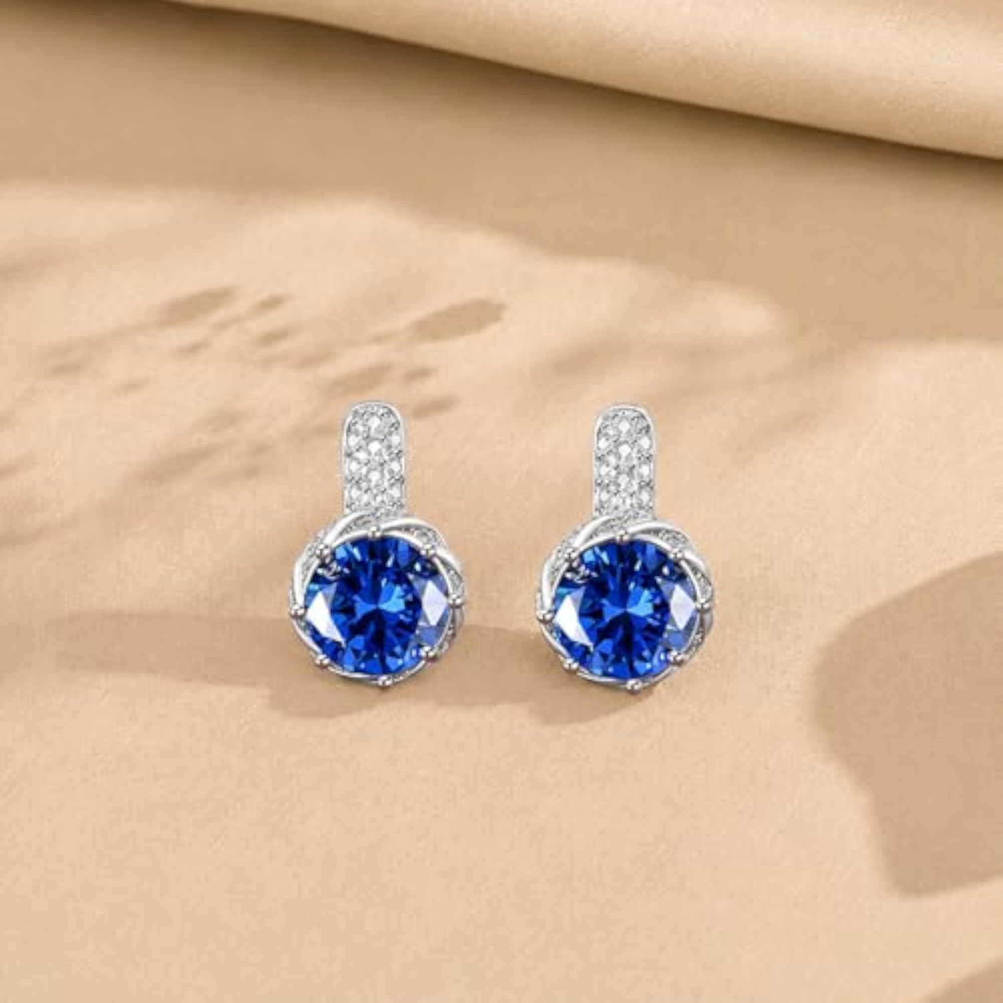 Women's Silver Plated Fancy Blue Hoop Earrings with Crystal & Cubic Zirconia