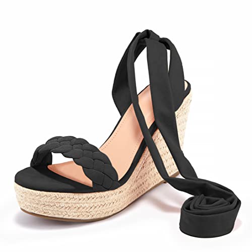 Syktkmx Womens Braided Wedge Espadrille Sandals Lace Up Slingback Open Toe Summer Platform Heeled Shoes #TOP5