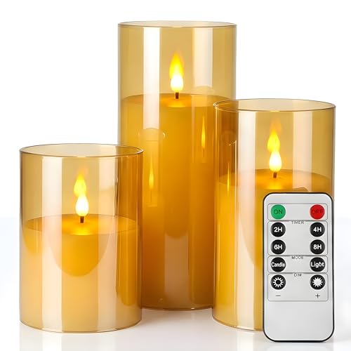 Image of NICEME Flickering Flameless Candles with Remote Timer Unbreakable Acrylic Battery Operated LED Candles with Flickering Flame 3D Wick for Romantic Ambience Home Decor Set of 3, D3 inch xH4 inch 5 inch 6 inch Amber