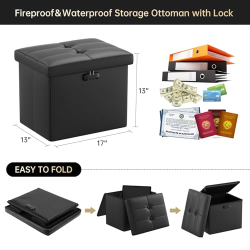 ENGPOW Storage Ottoman Foot Rest Stool with Lock & Handle, Fireproof Folding Leather Footstool Short Ottoman with Storage Safe for Living Room Bedroom, Home Office, Dorm, 17x13x13in, Black