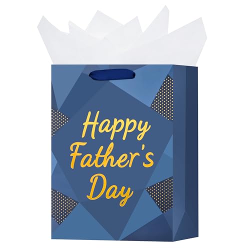 Vanita 12.6 Medium Size Happy Fathers Day Gift Bag with Handles for Dad Navy Blue Paper Gift Wrap Bags with Tissue Paper for Grandpa Grandfather