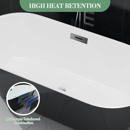 Image of 59 Inch Freestanding Bathtub, Acrylic, Deep Soaking Tub with Non-Slip Base, Modern Black Free Standing Tub for Bathrooms, cUPC Certified with Chrome Drain