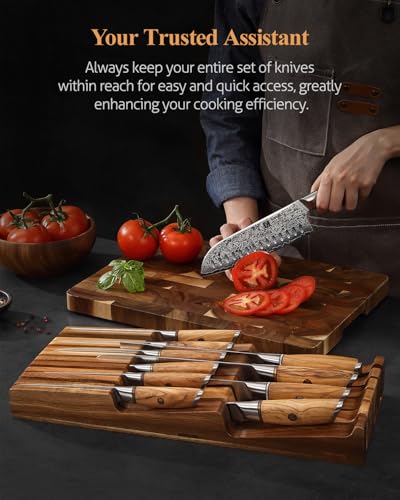 XINZUO Cassetto Blocco di Coltelli da Cucina in Legno di Acacia -43,6x18,4x5,3cm Ceppo Portacoltelli Universale per Cassetto (Senza Coltelli) -4 Coltelli Lunghi+6 Corti+1 Acciarino per Affilare - immagine 5