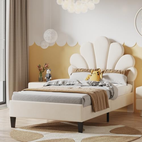 Merax Kinderbett Mädchen 90x200 cm, Polsterbett Kinder mit Blumen-Kopfteil und Lattenrost, Jugendbett Einzelbett aus Samtstoff, Bett Kinder für Teenager und Gästezimmer