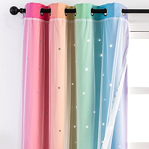 Reepow Star Kids Curtains For Bedroom Playroom Nursery, Rainbow Ombre Blackout Curtains With Hollow-Out Stars And Stainless Steel Gromment Top - 52" X 84" × 2 Panels #TOP1