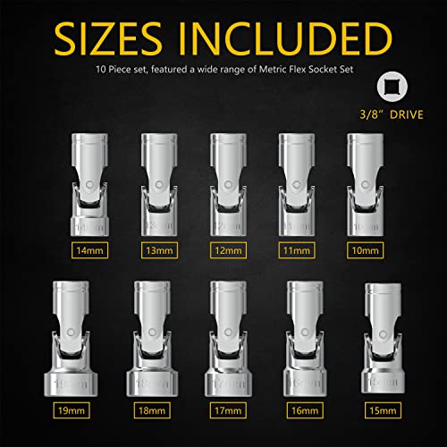 Renekton 3/8 Inch Drive Metric Flex Socket Set, 12 Point, Swivel Head, Cr-V Steel, 10Mm To 19Mm, 10 Piece #TOP5