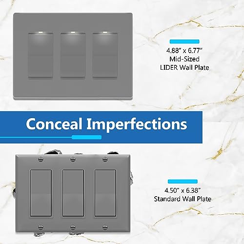 Image of LIDER Decorator Switch Cover, Screwless Wall Plate, Mid-Size 3-Gang 4.88 inch x 6.77 inch, LSWP-33M-GY, UL Listed, Thermoplastic, Matte Gray, 1-Pack