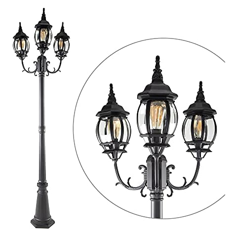 LUTEC LED Outdoor Post Light with Triple-Head, Hardwired Vintage Street Lights for Lawn Patio Yard Pathway Garden Black Light Pole with Clear Glass Panels - Black Cover
