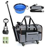 Lekesky Dog Cat Carrier with Wheels, Airline Approved Pet Carrier for Cats Dogs 15lbs with Telescopic Handle, Pet Bowl and Pooper Scooper, Grey