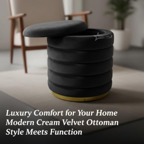 Image of Round Velvet Single-Strip Office Stool Foot Rest Stool, Linen Fabric Padded Seat Pouf Ottoman, 15 X 15 X 19 inch, Round Shape for Living Room, Office, etc. Black