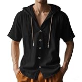 TRFIC Mens Cotton Linen Hoodies Short Sleeve Button Down Shirts Casual Hawaiian Beach Yoga Sweatshirts Black